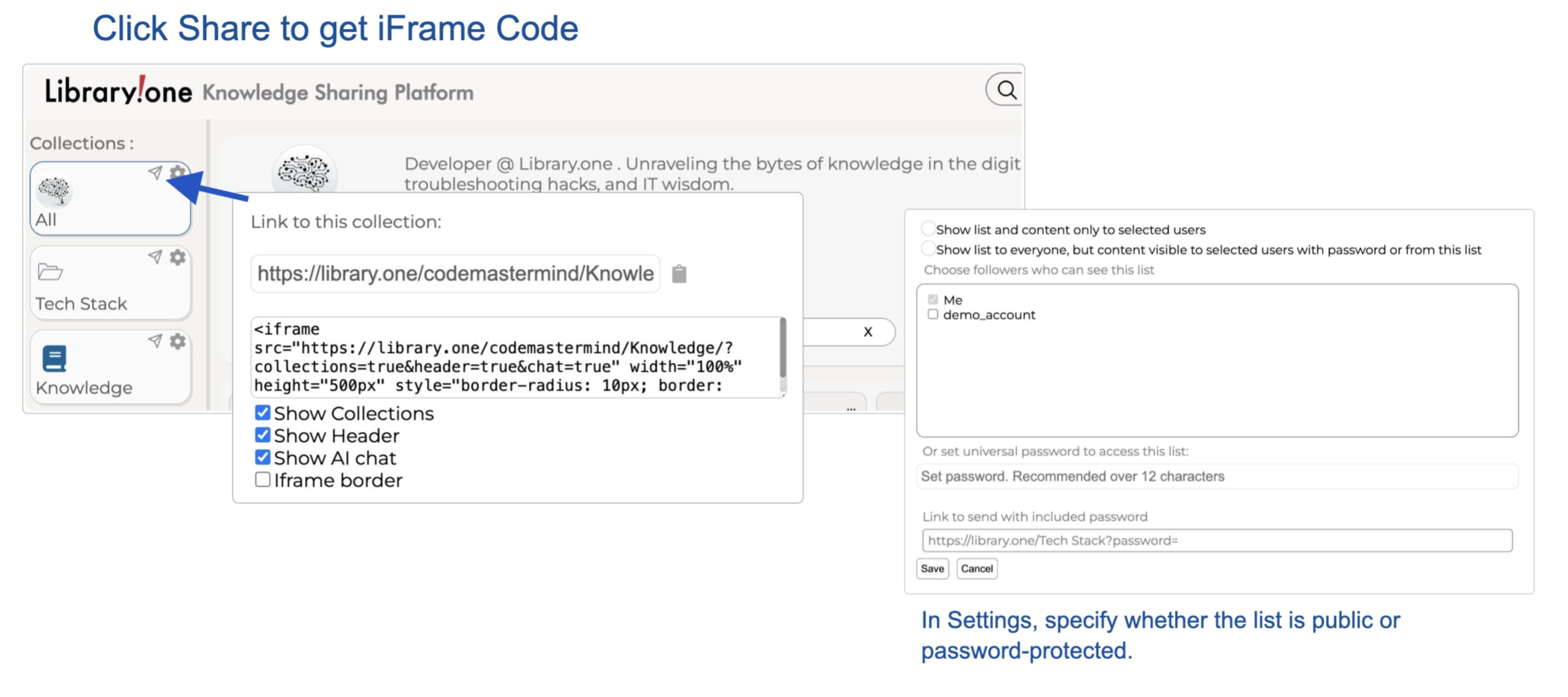 Sharing and iframe code generation interface